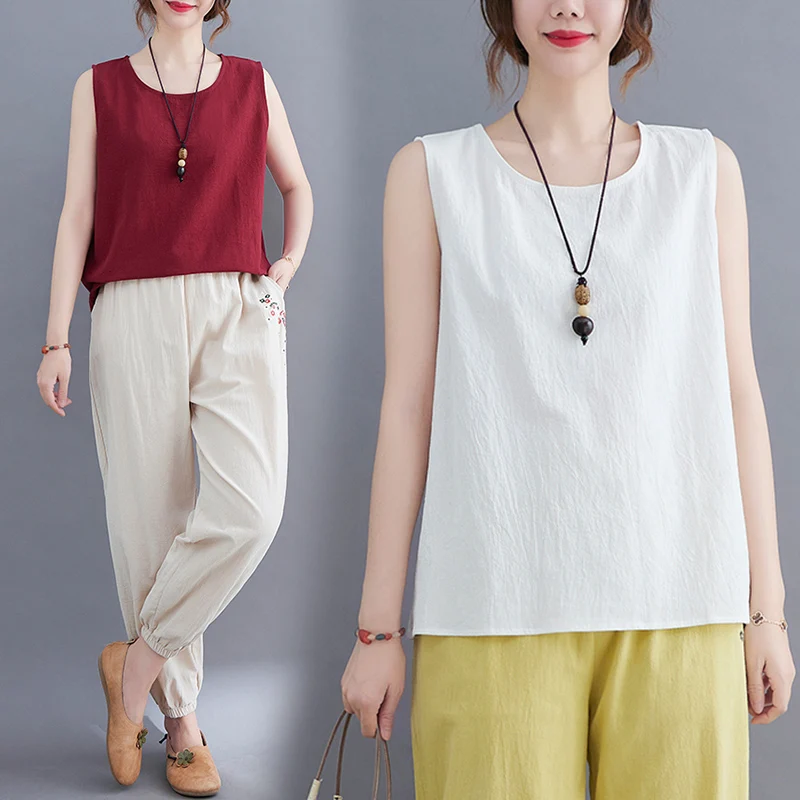 

Чистый цветной льняной жилет Svel round Ne Thin Bot irt, льняной топ с уменьшением возраста, большие размеры, женский модный комбинезон для поездок на работу