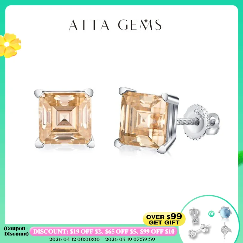 

ATTAGEMS Silver 925 Earring Yellow Moissanite Screw Back Stud Square Stud Earrings For Women Princess Cut 5*5MM Jewelry 귀걸이