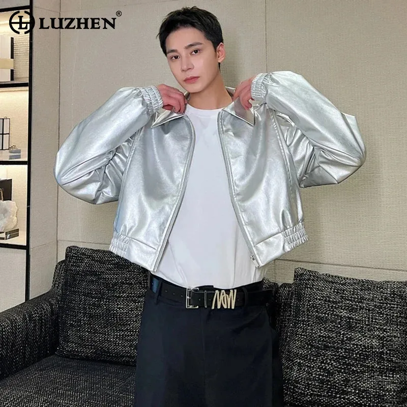 LUZHEN Leater Jackets Trend Men\'s Fashion Metal Silver Handsome Lapel Zipper Outerwear Korean Style Short Pu Leather Coat LZ2319