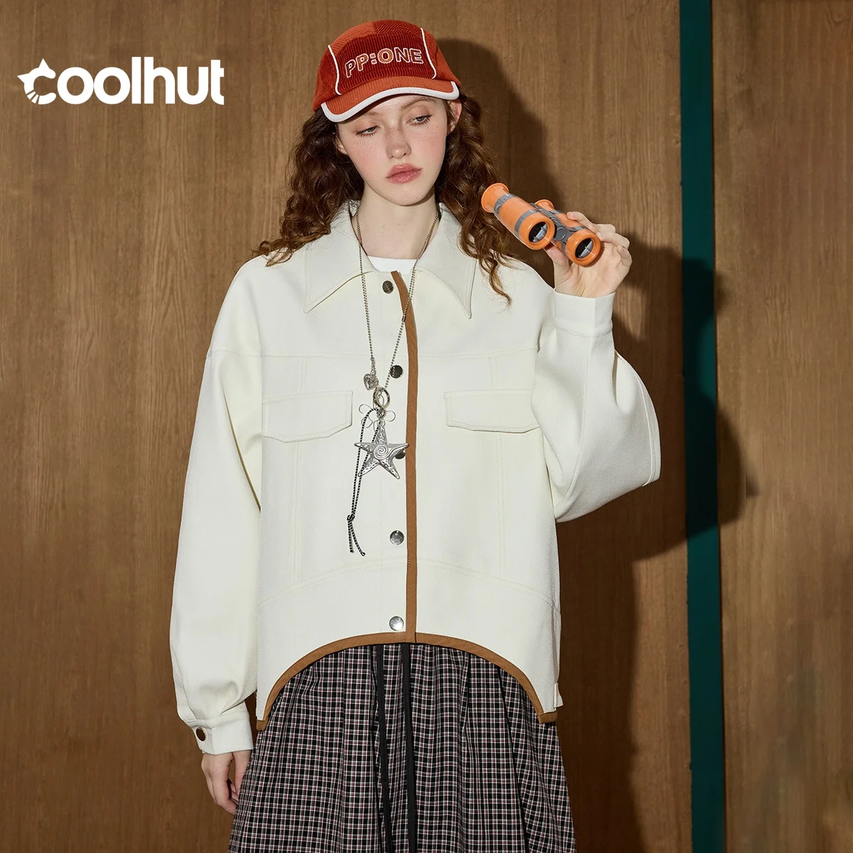 

COOLHUT 2025 Color-blocking Jacket Irregular Hem Brand Design Turn-Down Collar Long-sleeved Age-reducing Women's Coat For Autumn