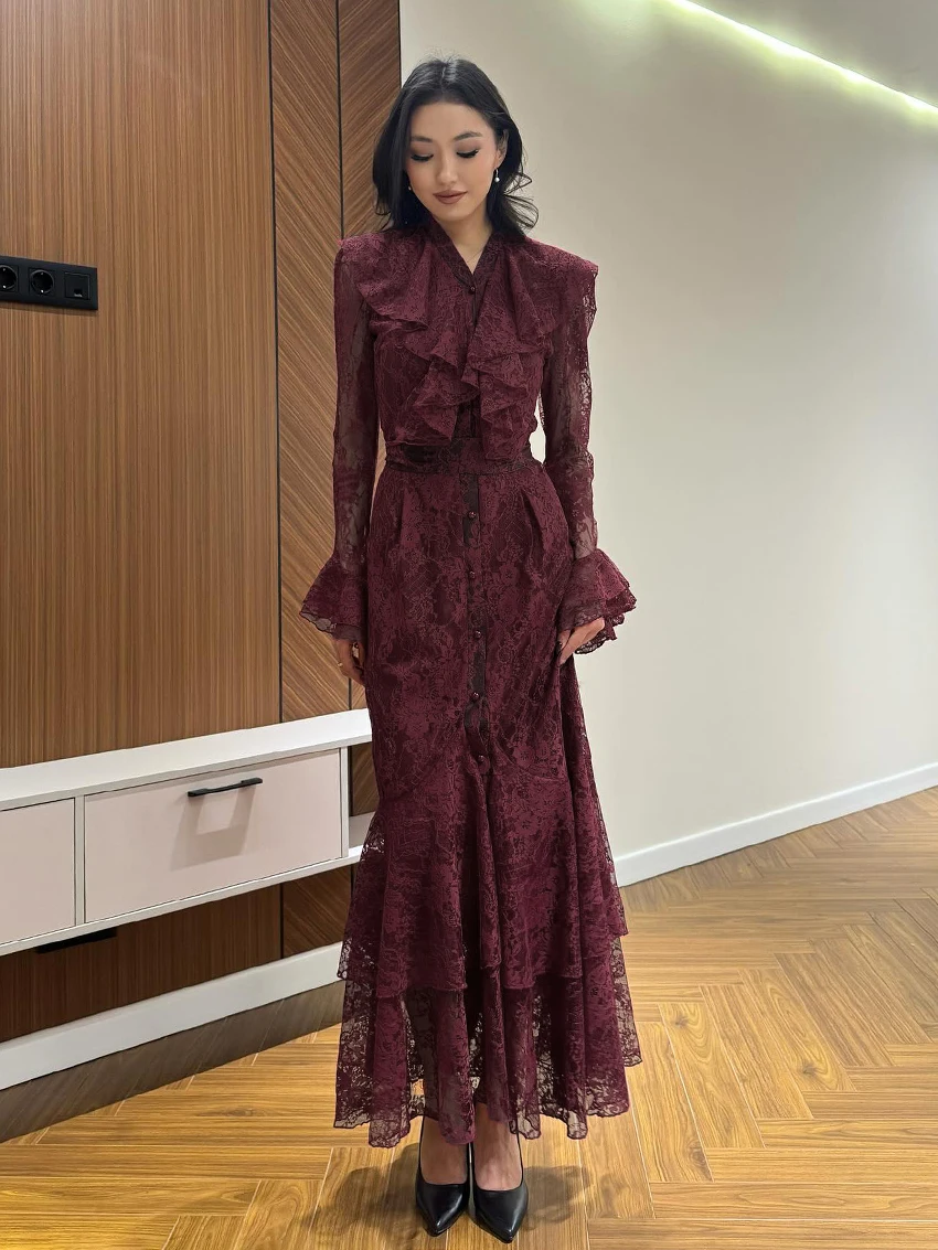 

Marthaqiqi Lace Winter Women'S Sleepwear Long Sleeve Nightgowns Sexy V-Neck Nightwear Ankle-Length Dress Fashion Ladies Pajamas