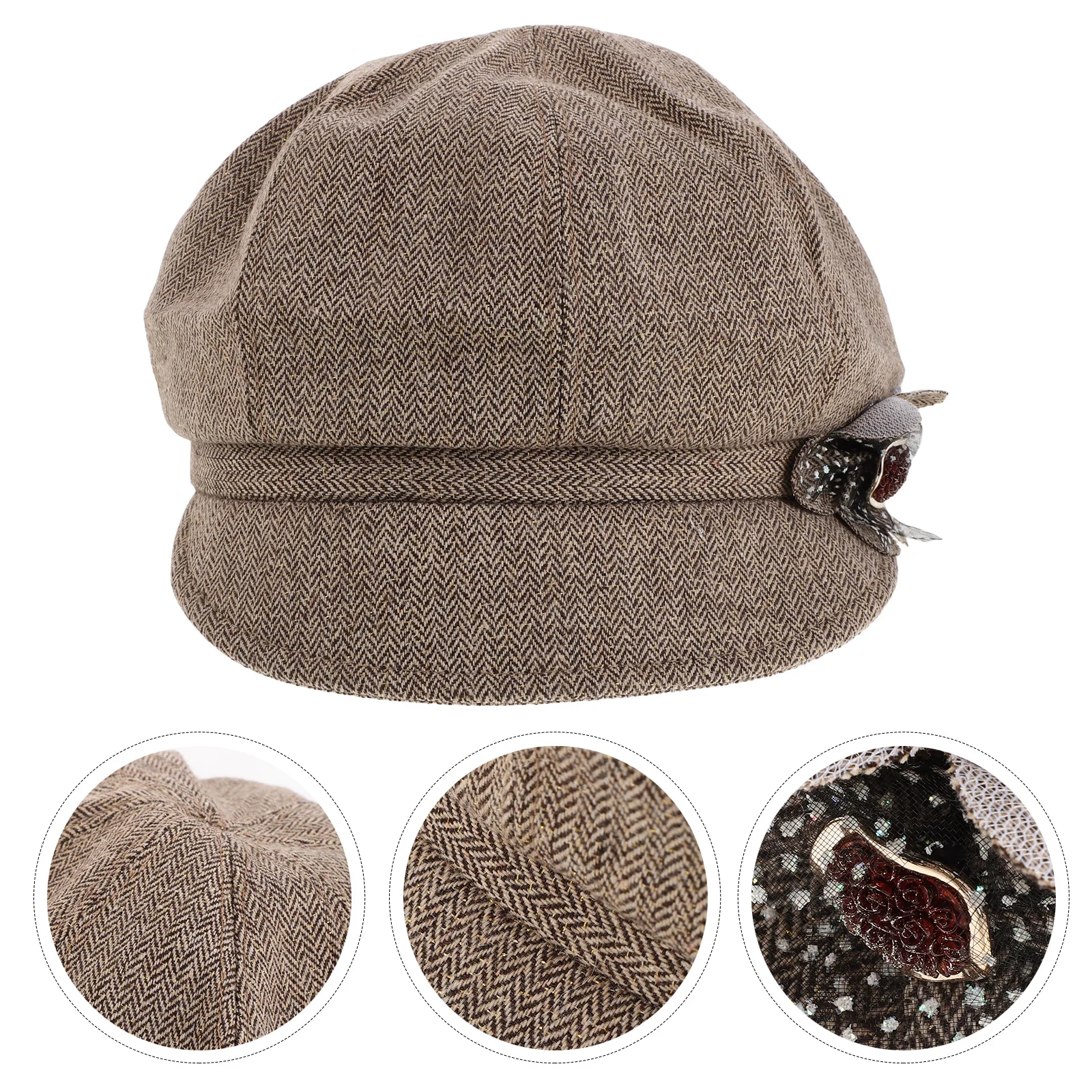 

Khaki Beret Hat for Women Floral Accent French Style Vintage Autumn Winter Newsboy Cap Lightweight Breathable Elegant Lady