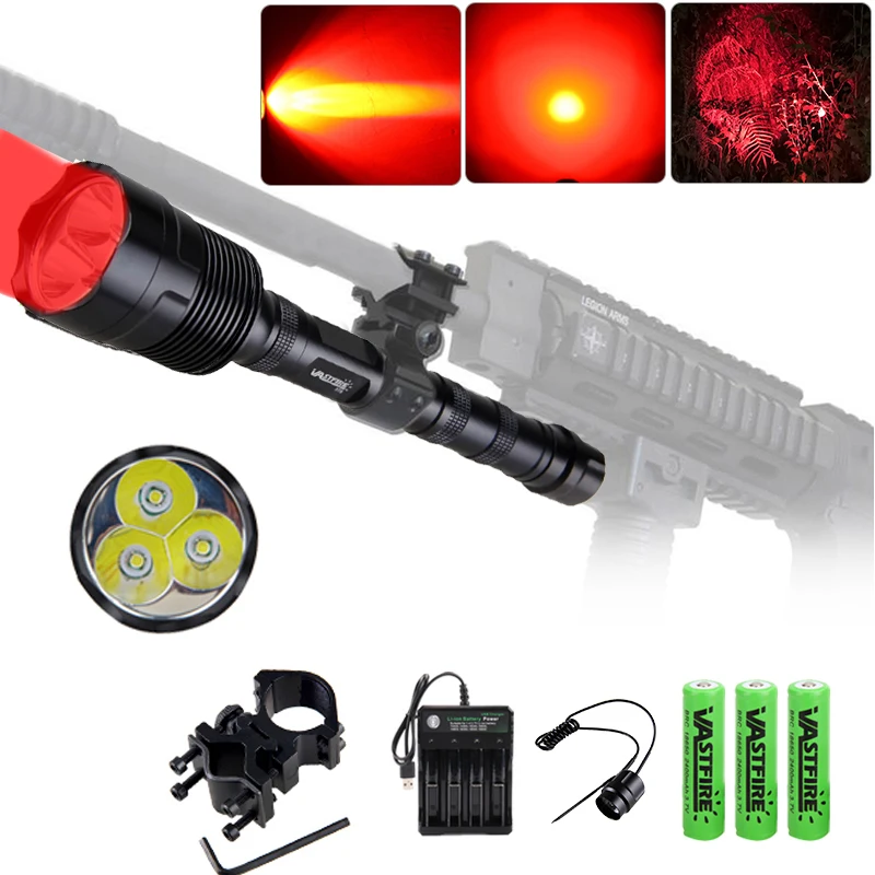 10000Lumens 3xled Green/Red/White LED Flashlight 1 Mode Tactical Hunting Light+Rail Mount+Remote Switch+3*18650+USB Charger