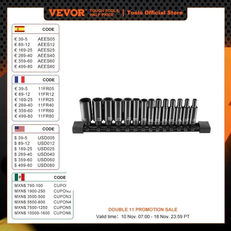 VEVOR Drive Impact Socket Set Cr-Mo Alloy Steel for Auto Repair Easy-to-Read Size Markings Rugged Construction Socket Organizer