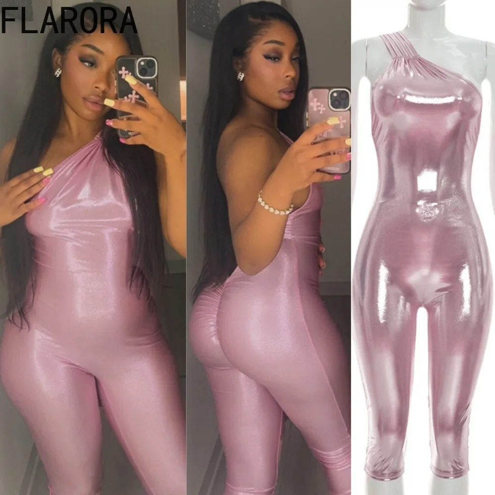 FLARORA Sexy Solid Irregular Jumpsuits Woman Skew Neck Sleeveless Backless Ruched Skinny Peach Hip Rompers Hottie Party Clubwear