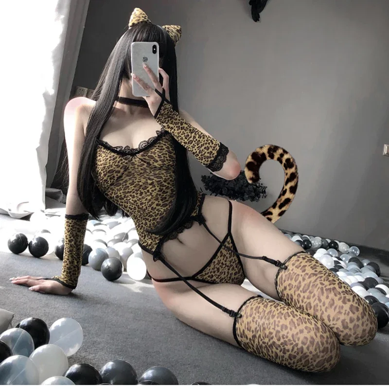

New Sexy Leopard Print Cosplay Women Wild Animal Halloween Costume Night Club Cat Fancy Dress Headband Roleplay Uniform