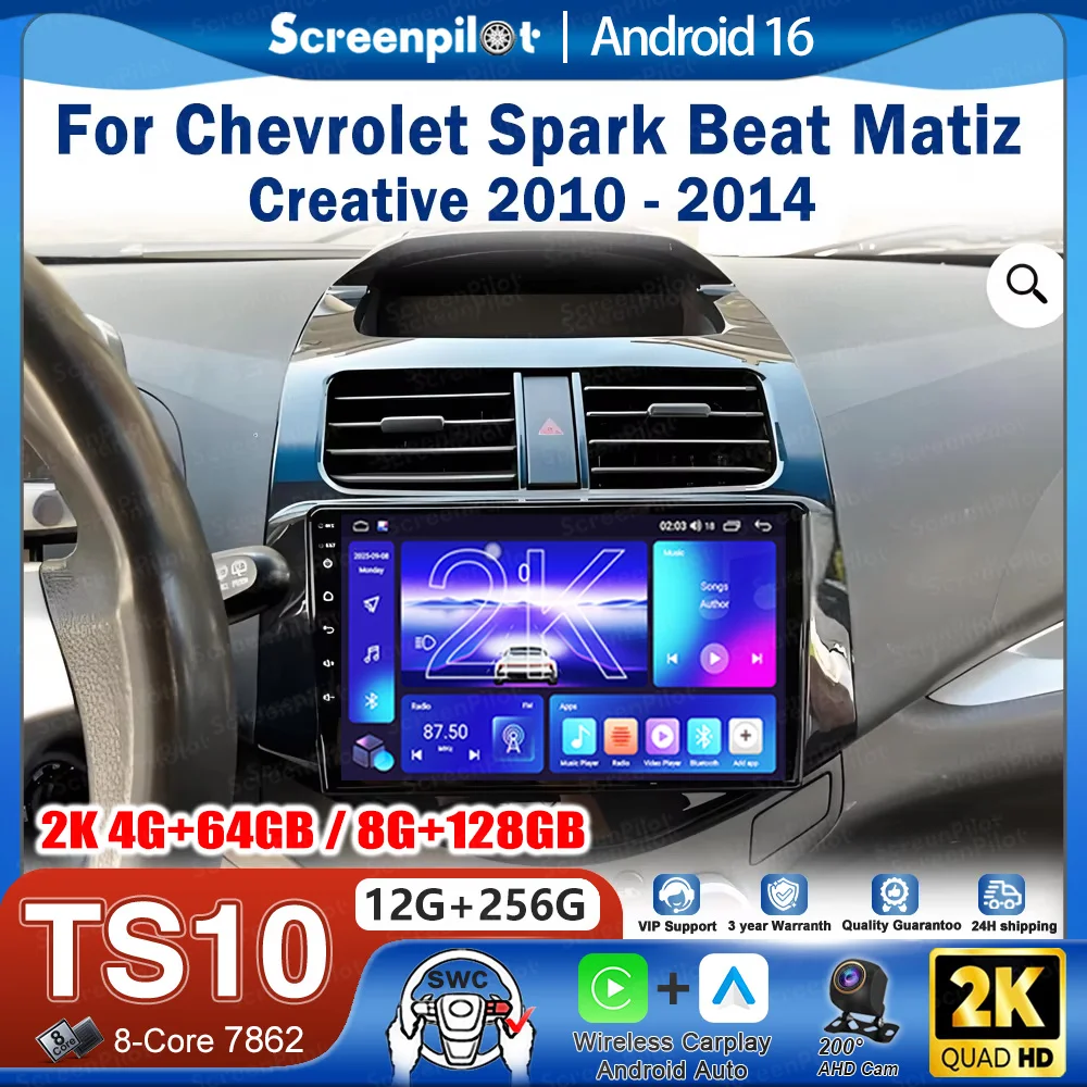 Radio de Coche Android 16 para Chevrolet Spark Beat Matiz Creative 2010-2014, Unidad Principal Estéreo, CarPlay, Radio Automática, Pantalla Táctil, 8 Núcleos