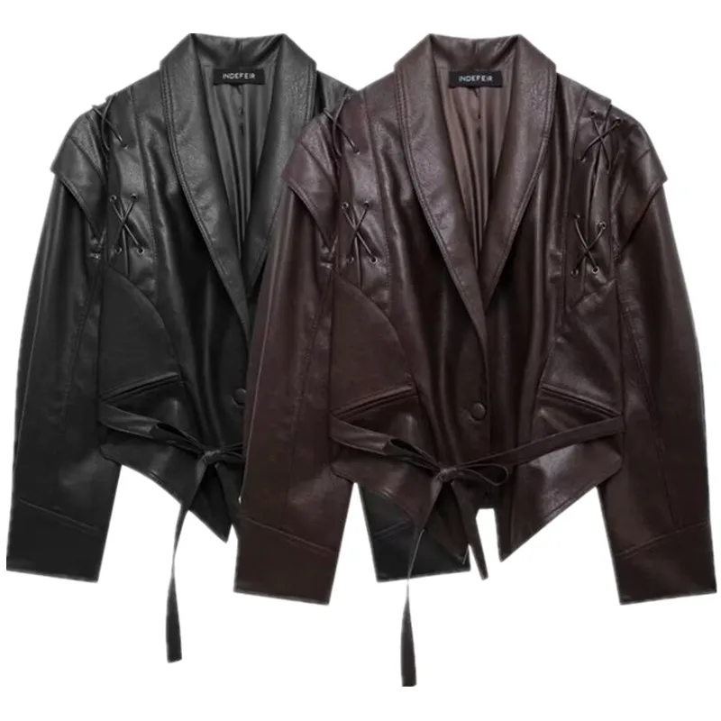 Slim Fit Women's Leather Jaet 2024 Autumn New Design Neline Sle Versatile Belted Long Sve Commute Faion Ladies Coat