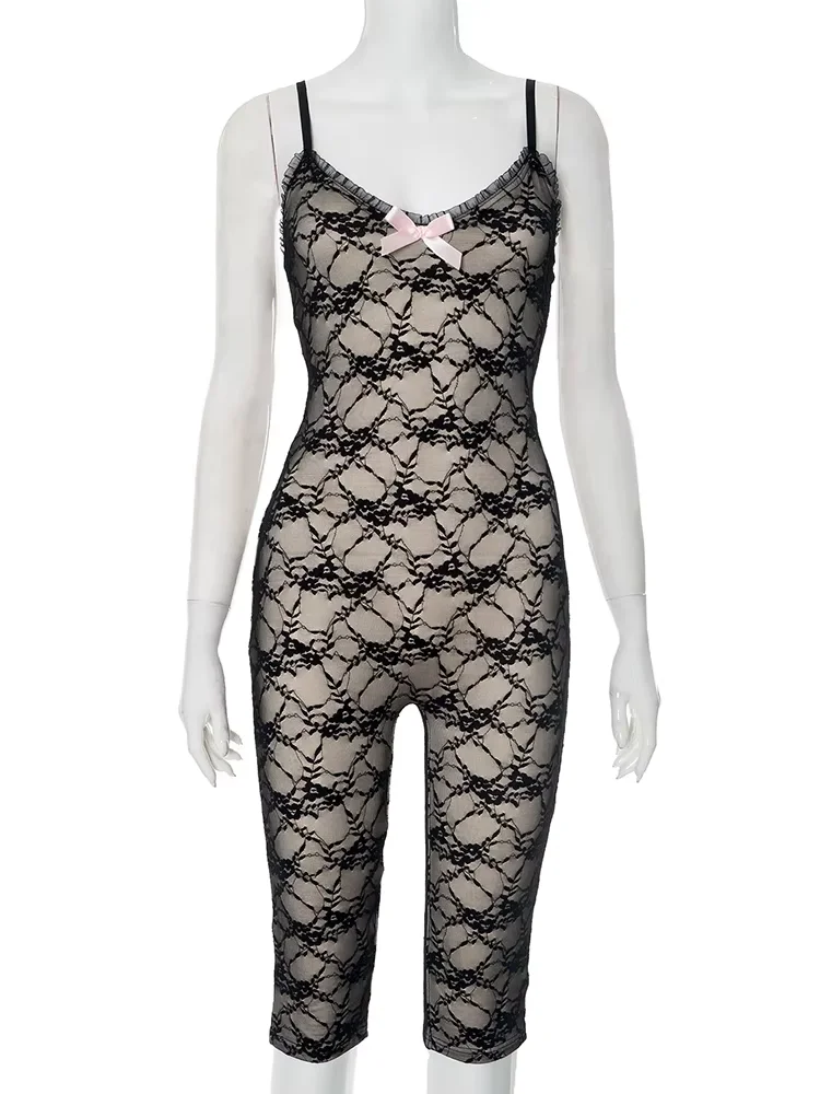 Renda bordada mulheres playsuits arcos splice doce sexy ver através de decote baixo magro macacão feminino meia-noite wear