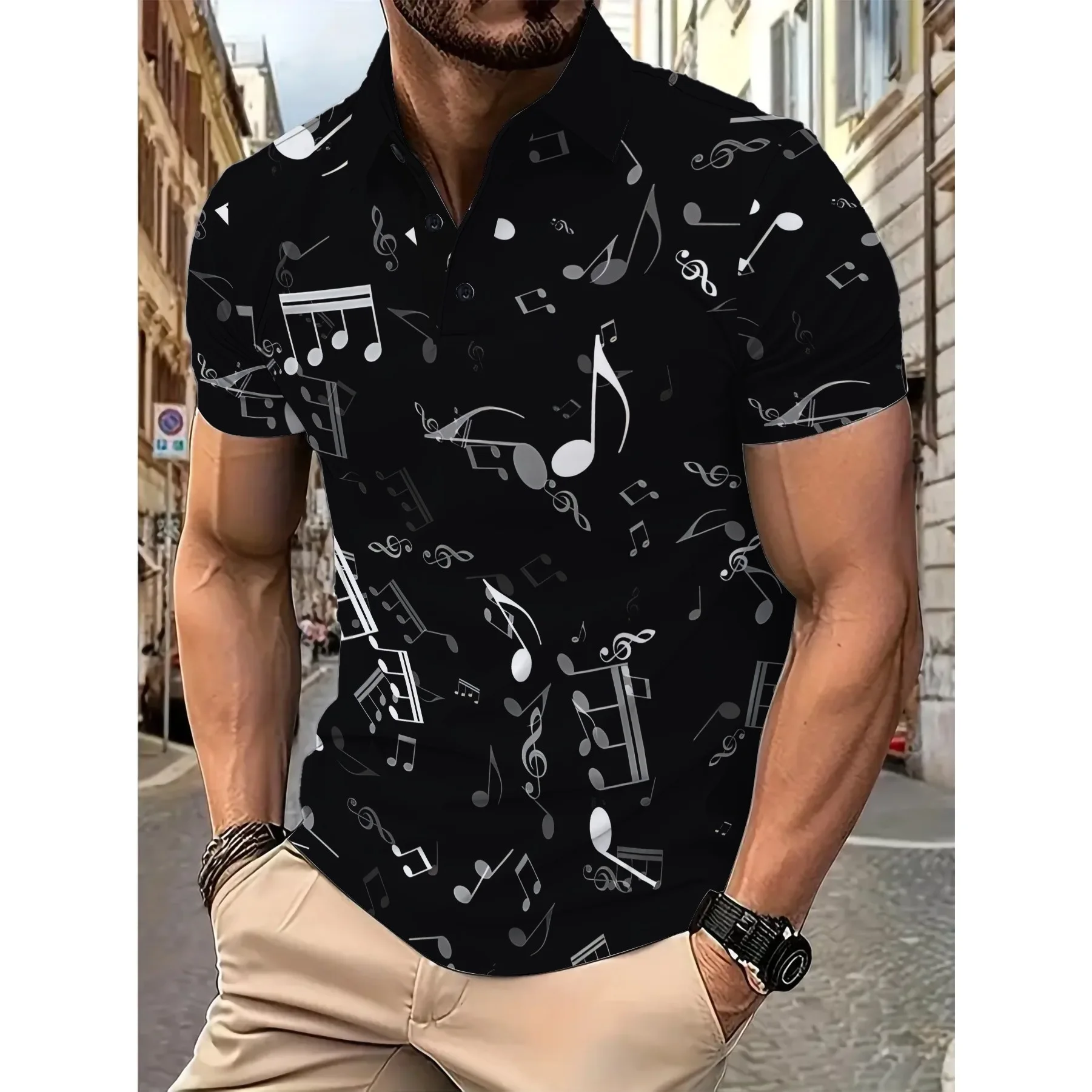 

Funny Musical Note Graphic 3D Printed Men's Short Sleeve Polo Shirt Casual Loose Button Lapel Shirts Street Harajuku Man Clothes