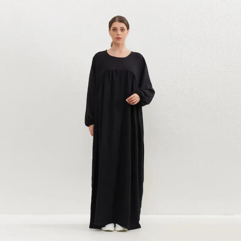 Spring Autumn Women Loose Maxi Dresses Fashion Female Full Sleeve O-neck Casual Solid Pockets Robe Long Dresses Muslim Dress