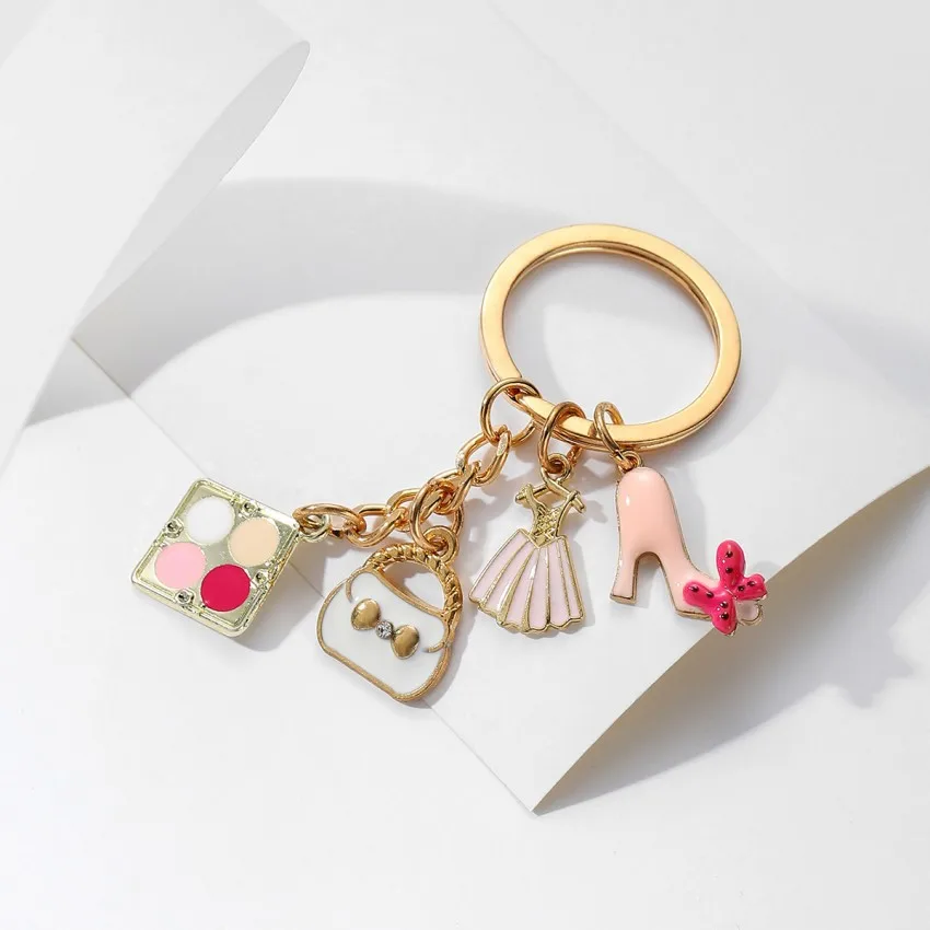 New Girls' High-heeled Shoes Skirt Bags Pendants Alloy Ladies' Eye Shadow Makeup Key Chain Hanging Accessories Wholesale