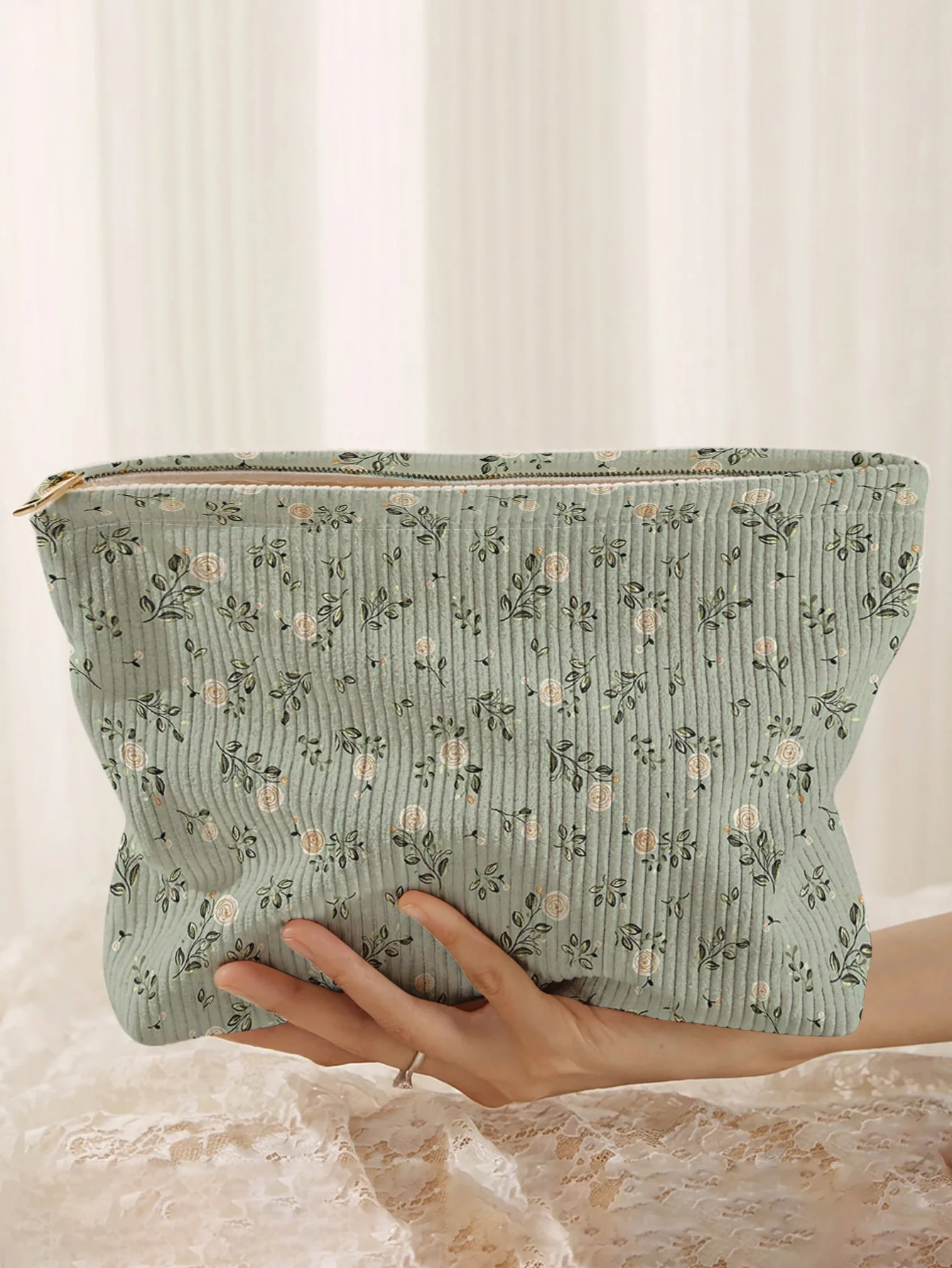 Ditsy white rose green background printed corduroy makeup bag, lightweight zipper pouch, multifunctional lined cosmetic bag