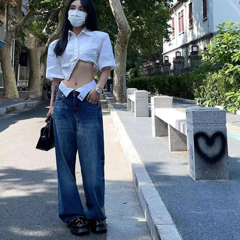 Jeans de perna larga, cintura alta feminina, vintage, solto, reto, casual, Harajuku, calça jeans que combina com tudo, streetwear