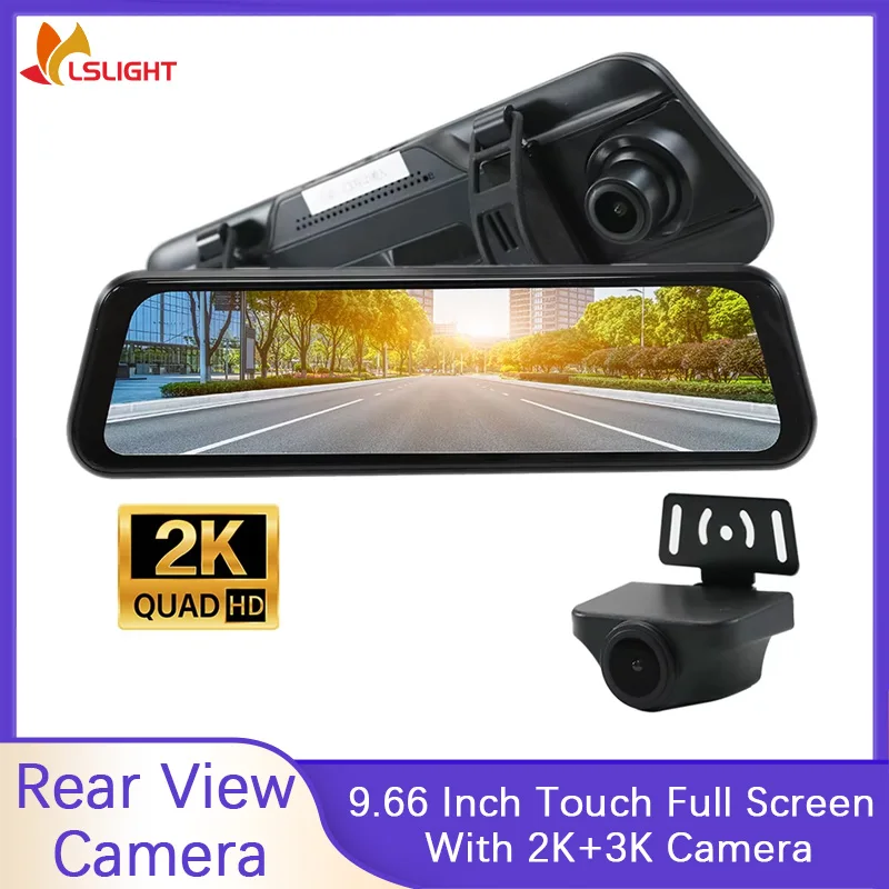 

9.66 Inch Driving Recorder Rearview Monitor Touch Full Screen With 2K+3K Camera Night Vision G-Sensor Function Car Accessories