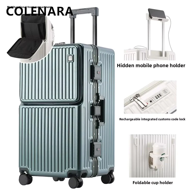 COLENARA walizka na kółkach męski otwór z przodu Laptop aluminiowa rama walizka na kółkach 26 "28" 30" 32 Cal damski bagaż ABS + PC