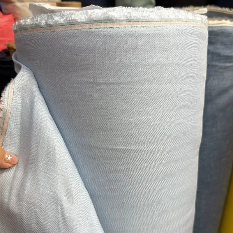 Linen Shirt Breathable - 100% puur linnen stof lichtblauw visgraatpatroon