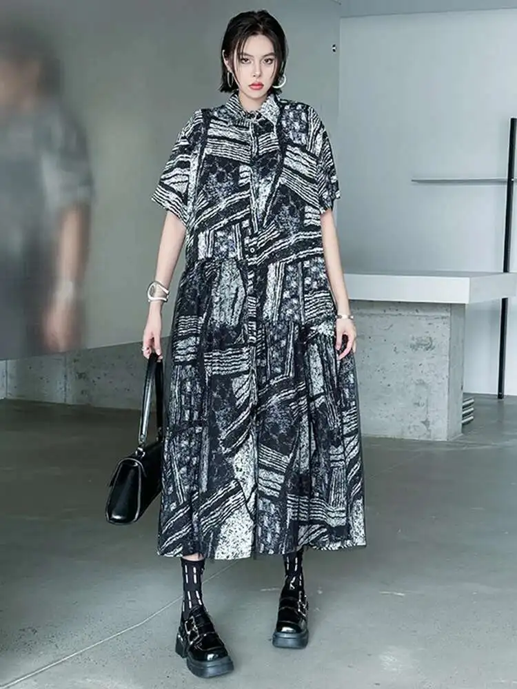

Women Black Pattern Printed Big Size Mesh Midi Shirt Dress New Lapel Short Sleeve Fashion Tide Spring Summer