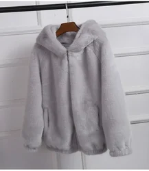 Women Winter Thick Plush Hooded Short Fur Coat Loose Faux Fur Coat Girls Grey Overcoat Fluffy Furry Windbreaker Plus Size 3xl