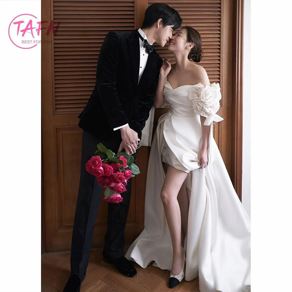 

TAFN Korea Hi-Lo Wedding Dresses Handmade Flowers Short Sleeves Bridal Gown Elegant Photo Shoot Dresses Custom Made for Bride