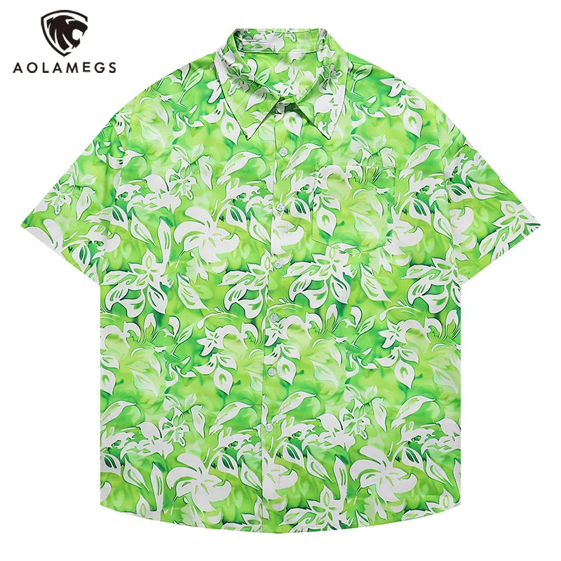 Men Shirts Summer Thin Half Sleeve Shirt Green Flower Pattern Top Casual Loose Fashion Clothing Refreshing Beach Style Top