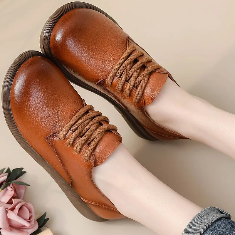 Head Layer Cowhide Retro British Style Round Head Big Head Shoes Thick Bottom Shoes Lace Up Leather Single Shoes Leather Shoes