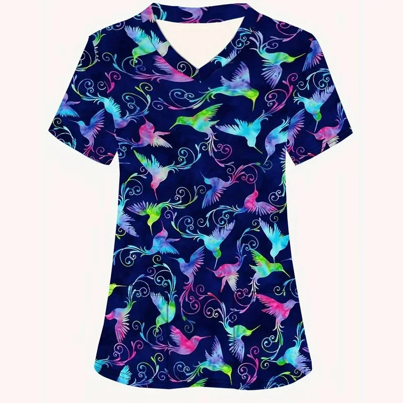 Surgical Uniform with cartoon Print for Women, Dental Nurse Top, V-Neck, Short Sleeve, Micro-Elastic