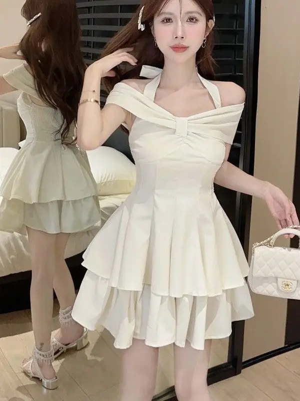 New Simple Slim Style Bow Tie Hanging Neck Cake Princess Solid Folds Short Women Sweet Off Shoulder Strap Bubble Dress I6JA