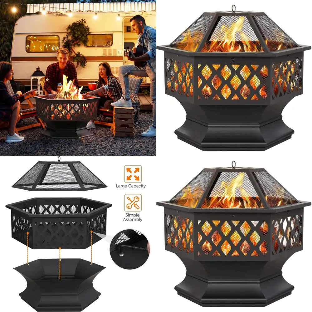 

24 Inch Hexagonal Outdoor Fire Pit with Spark Screen and Poker for Patio, Backyard, and Camping