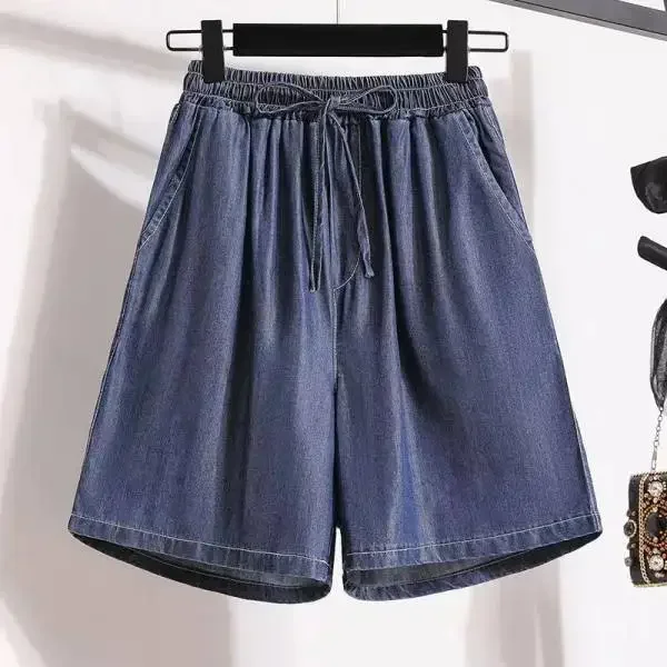 Denim Shorts Women Summer Thin Ice Silk Casual 5-point Pants Loose Wide-leg High-waisted A-line Hot Pants Straight Shorts Jeans