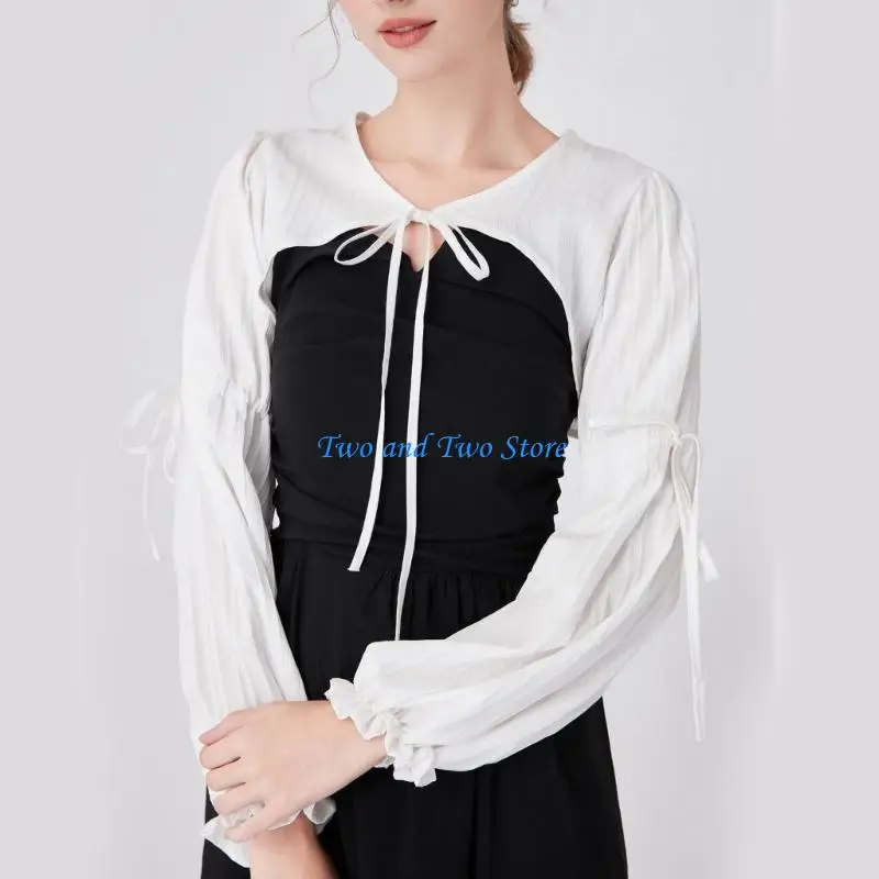 HX6F كم طويل طوق مزخرف من القماش نصف قميص مزين بياقة مدورة وخطوط عنق نصف طوق قميص للإناث #3