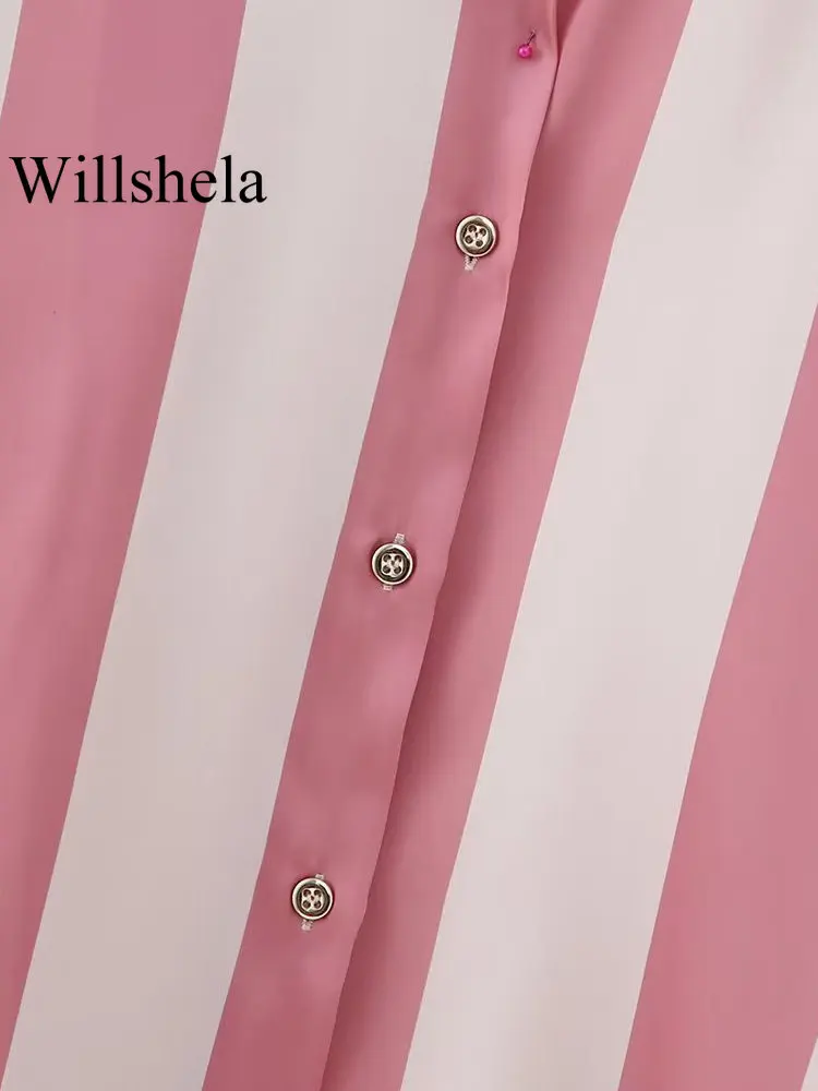 Willshela Women Fashion Satin Striped Single Breasted Loose Blouse Vintage Lapel Neck Long Sleeves Female Chic Lady Shirts