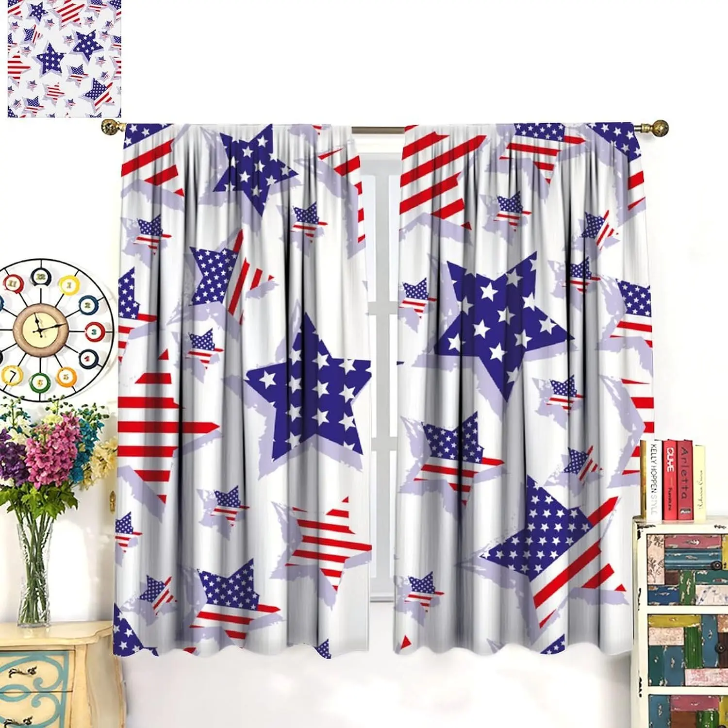 Independence Day Window Curtain Flag Stars Stripes White Curtains Patriotic Country for Home Kitchen Livingroom Coffee Room Wind