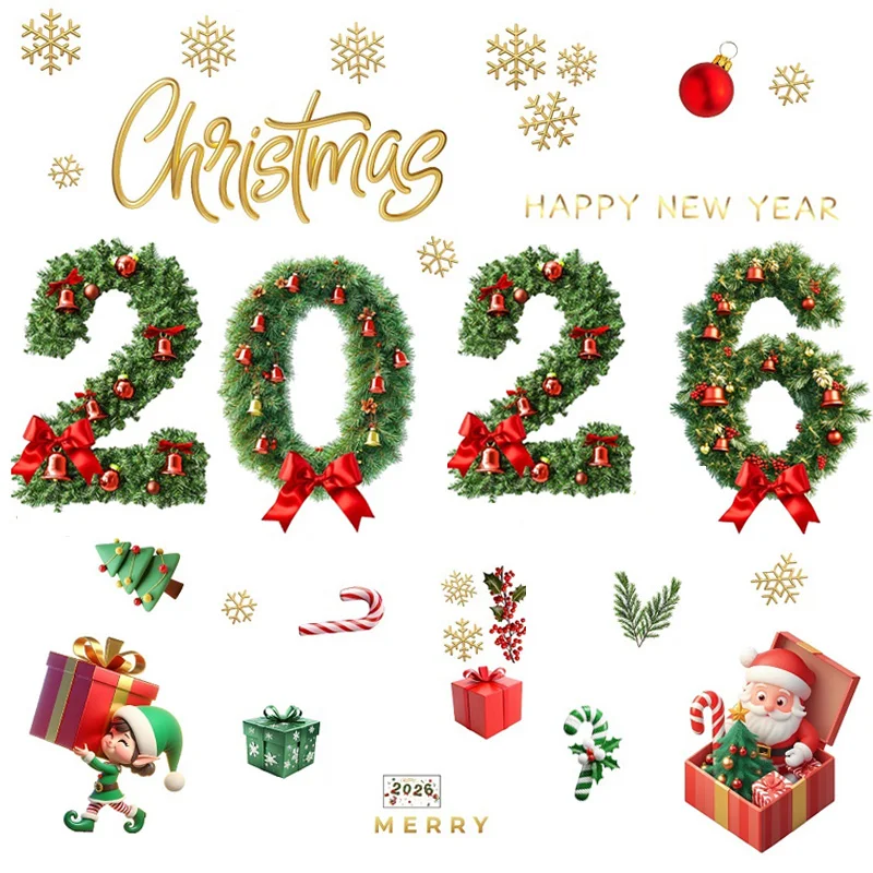 2026 عيد الميلاد ملصقات نافذة عيد الميلاد الجدار ملصق غرفة الطفل صور مطبوعة للحوائط عيد ميلاد سعيد زينة للمنزل السنة الجديدة ملصق