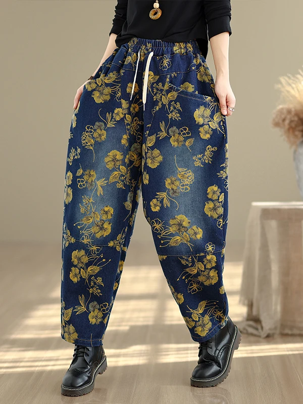 레트로 프린트 루즈핏 대형 사이즈 하란 팬츠 여성 패션 봄 2026 맞춤형 편안한 면 혼방 바지