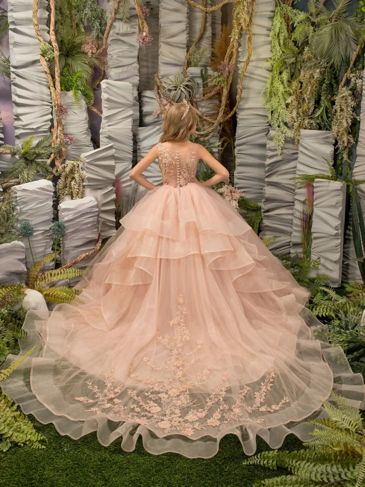 Abiti da ragazza di fiori rosa polverosi Appliques gonfi di Tulle con coda senza maniche per abiti da principessa per banchetti di festa di compleanno di nozze