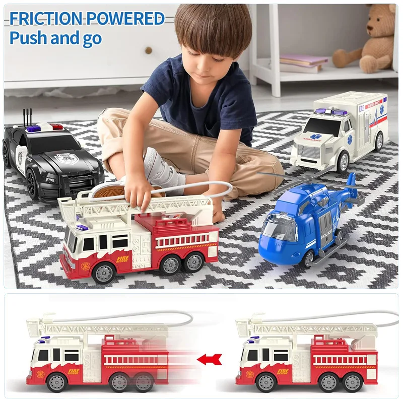 4 Packs Emergency Vehicle Toy Playsets, Friction Powered Vehicles with Light and Sound, Including Fire Truck, Ambulance Toy