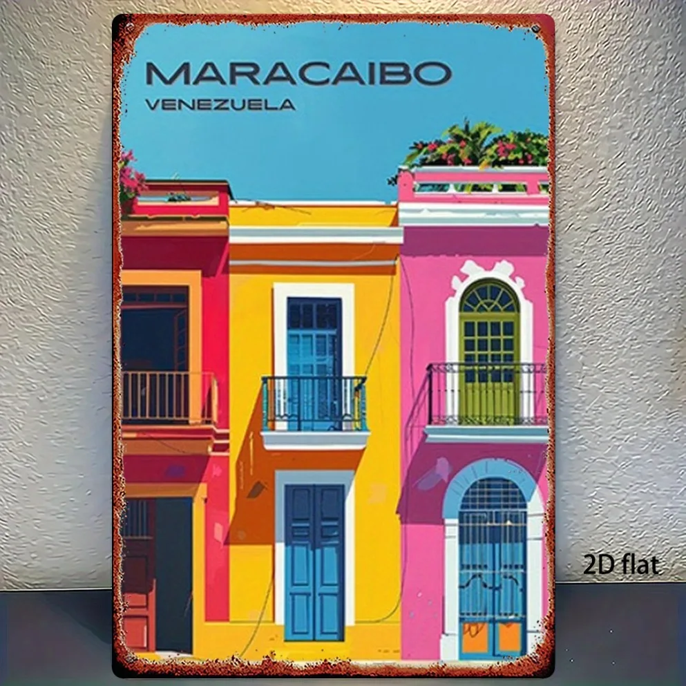 2D شقة خمر Maracaibo فنزويلا جدار الفن المعدني - فن القصدير الحديدي المعمارية البندقية الملونة. لديكور المنزل/البار/المرآب