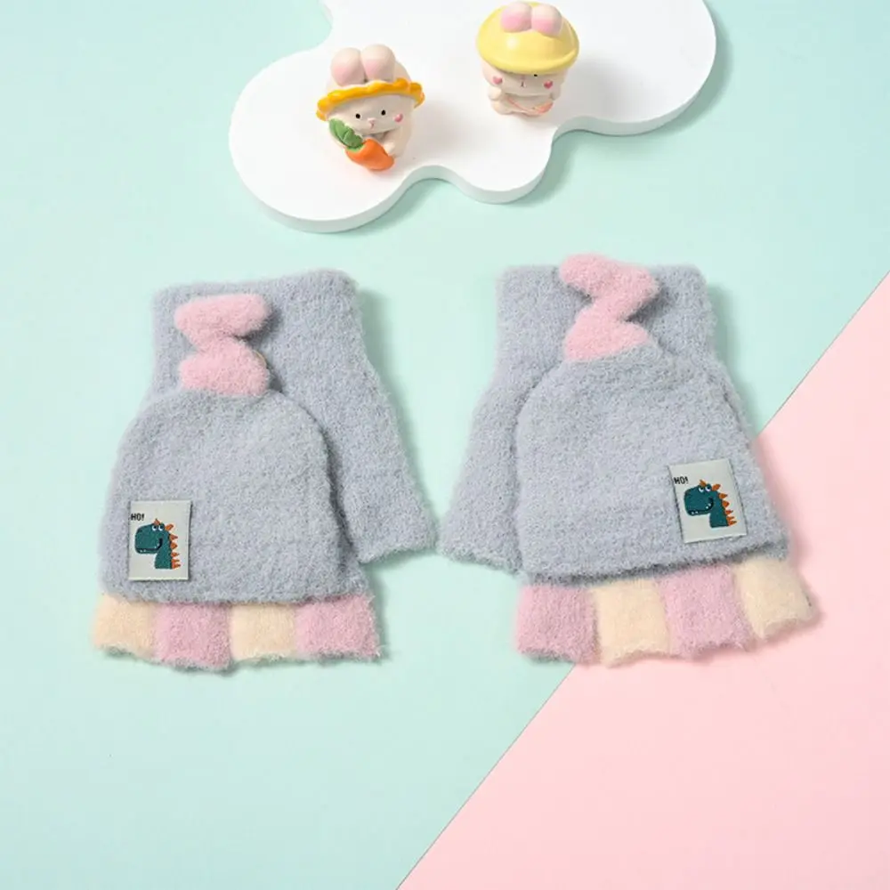 Durable Nylon Half Finger Flip Kids Gloves Thickened Windproof Autumn Winter Kids Gloves Pink Blue Grey Warm Mitten Unisex