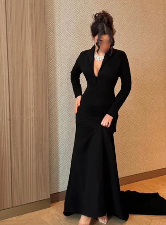 Alta qualidade personalizado até o chão com decote em v preto mangas completas tribunal trem vestidos de convidados do casamento luxo 2025 vestidos de noite robe