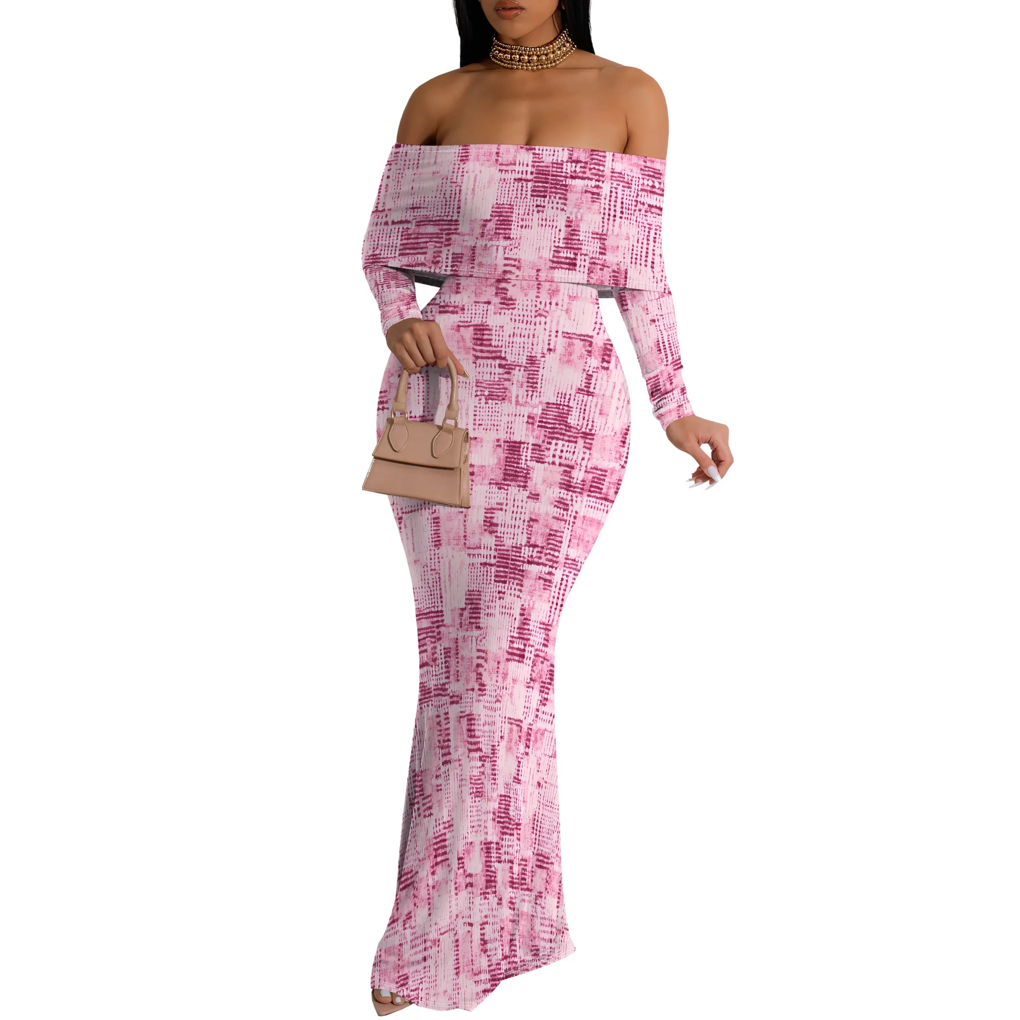 Robe longue à imprimé floral coloré, épaules dénudées, manches longues, moulante, pour rendez-vous ou soirée