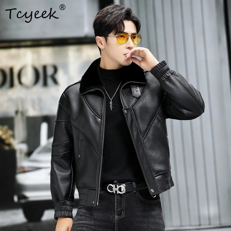 Tcyeek Natural Sheepskin Fur Coat Men Winter Clothes Warm Lamb Wool Mens Coats Real Leather Jacket Trendy Loose Мех Натуральный