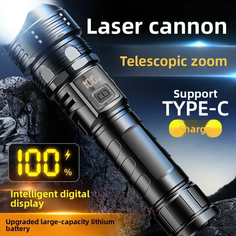 White Laser Flashlight, Strong Light, Rechargeable, Digital Power Display, Telescopic Zoom, Searchlight, Long - endurance
