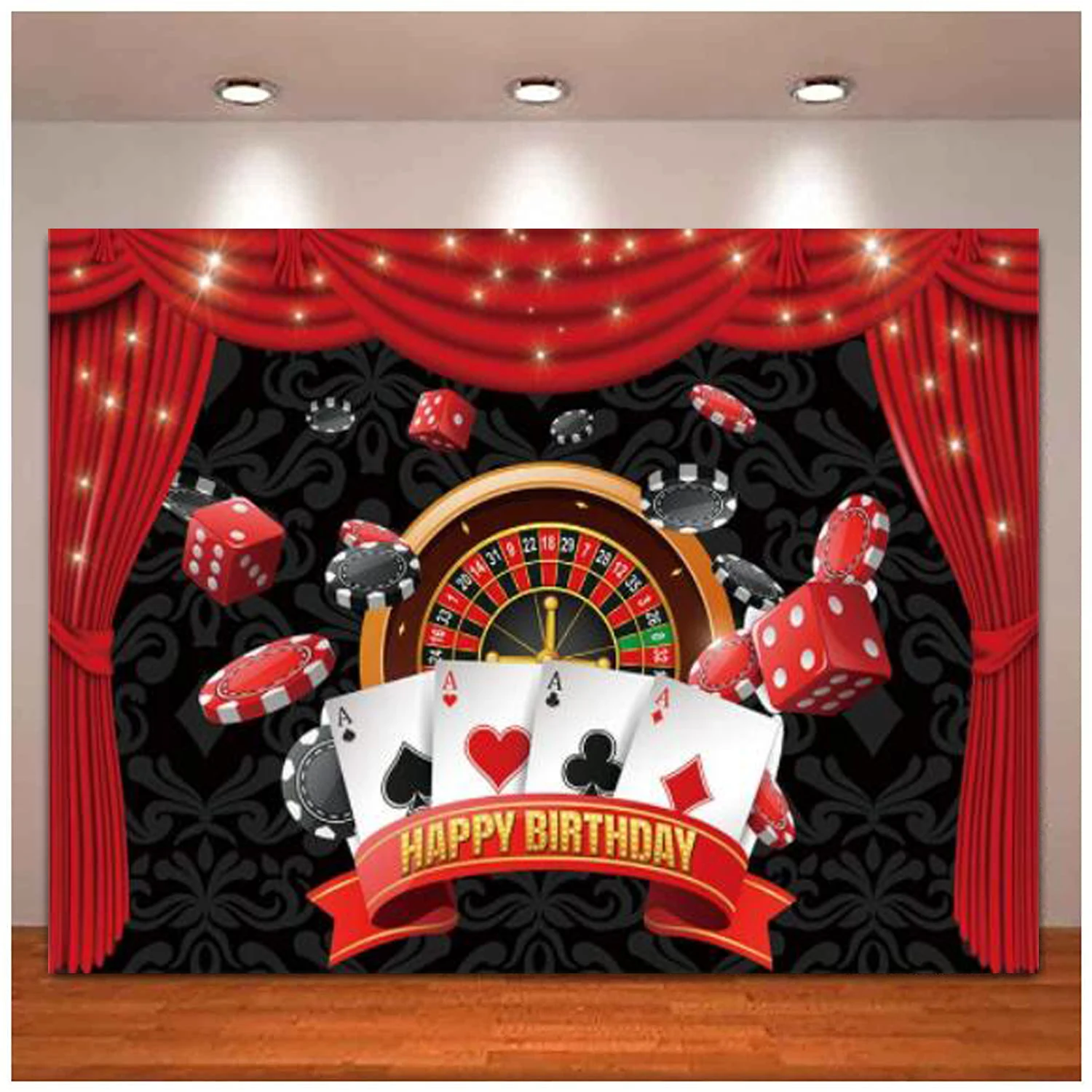 

Las Vegas Casino Birthday Party Photography Backdrop Playing Cards Red Curtain Birthday Decoration Background Banner Poster