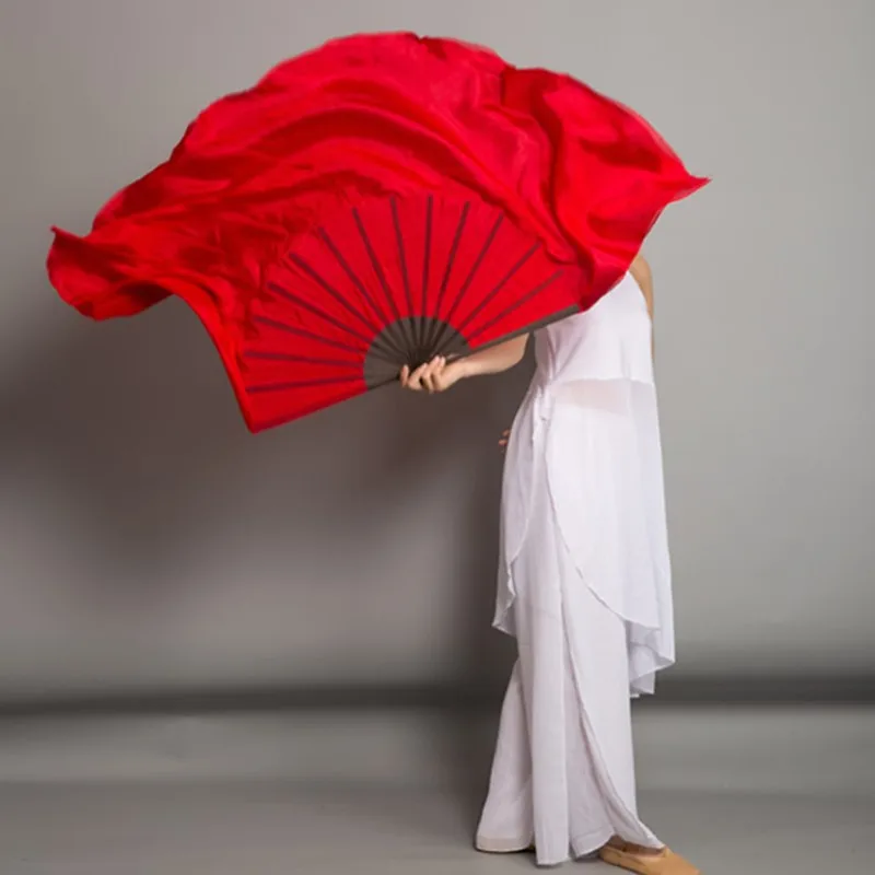 

Special Black Rib Bamboo Dance Fan Real Silk Belly Dancing Fan Veil Half Circle Extra Long Show Pros 24"-34" Red Flowy Wholesale