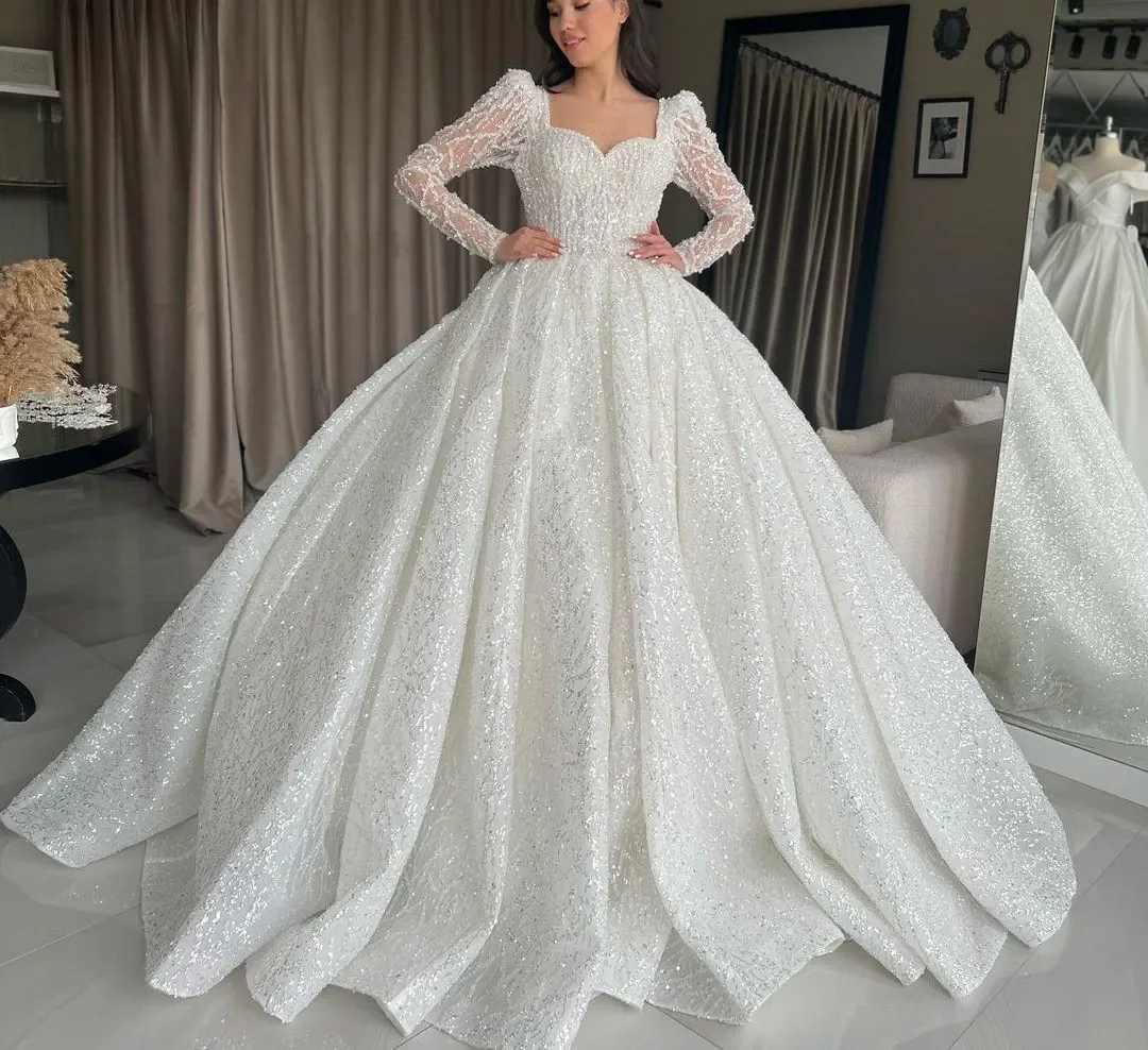 Customize Sparkly Ball Gown Wedding Dresses V Neck Long Sleeves Sequins Appliques Beaded 3D Lace Ruffles Diamond Bridal Gowns