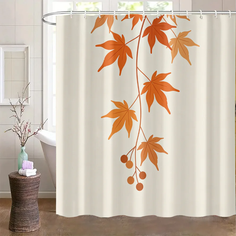 Autumn Maple Leaf Shower Curtain, Orange Falling Leaves & Berries Print Waterproof Bathroom Decor, Warm Fall Season Home Bath