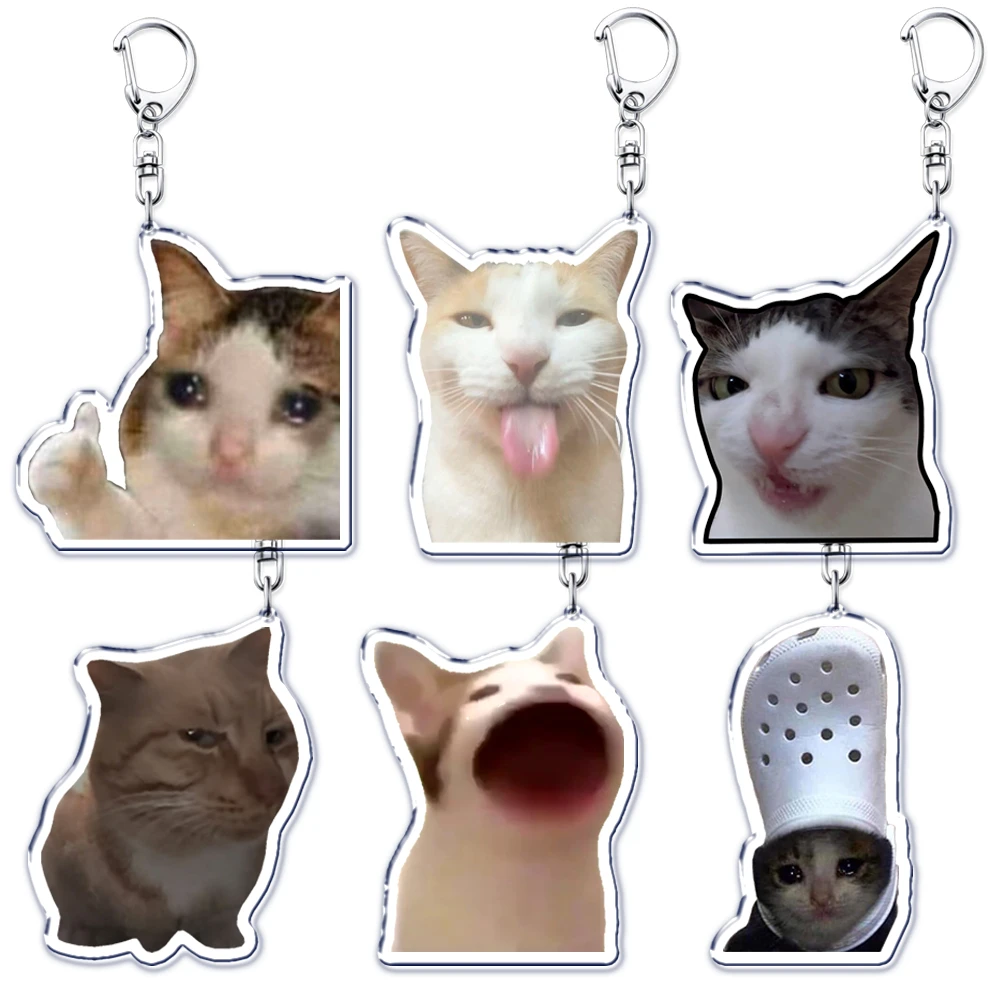 Funny Cat Meme Keychains for Accessories Student Gift Bag Women's Bag Crunchy Thumbs Up Crying Cat Keyrings Fans Friends Gifts