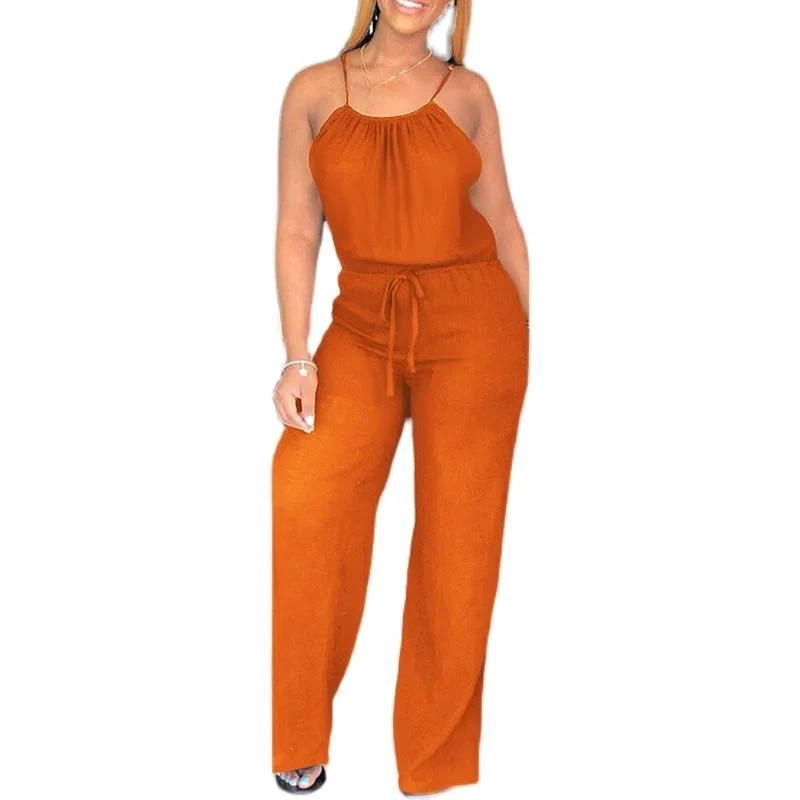 Mono informal de Color puro con cordón para mujer, traje de una pieza con tirantes finos, pantalones largos de calle, tela de poliéster