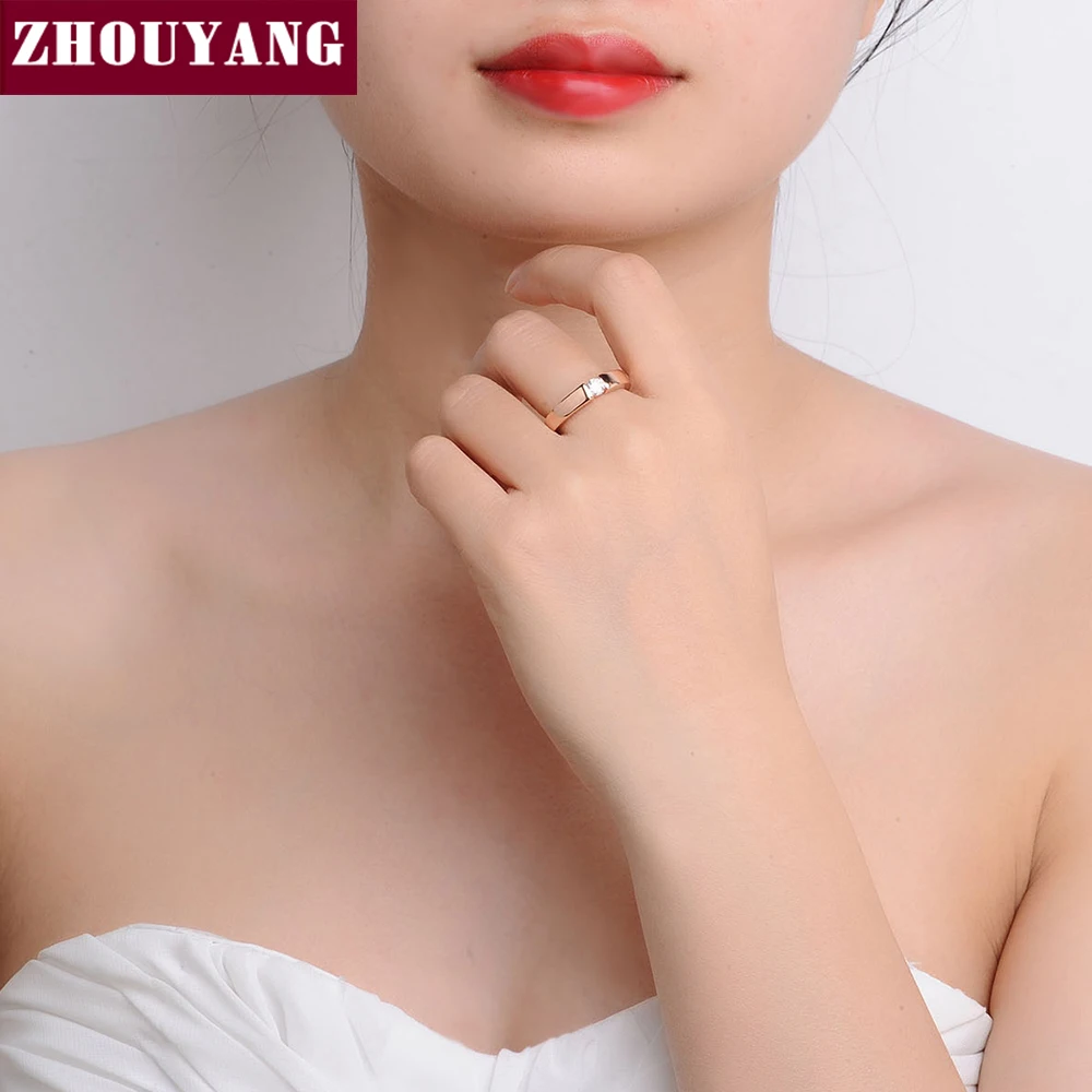 ZHOUYANG 4.5mm Hearts and Arrows Cubic Zirconia Wedding Ring Rose Gold Color & Silver Color Classical Finger Ring R400 R406